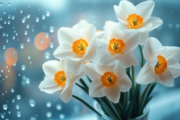 Wall Mural - Beautiful white narcissus flowers covered with snow falling on window