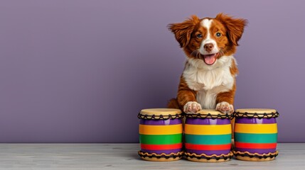 Wall Mural - Cute Dog Playing Music with Colorful Drums