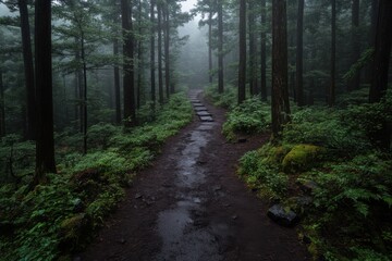 A forest pathway featuring stones and moss is depicted under damp conditions, surrounded by thick greenery and tall trees creating a serene and natural tableau.