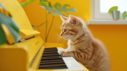 Wall Mural - Cute Ginger Kitten Playing Piano on Yellow Background