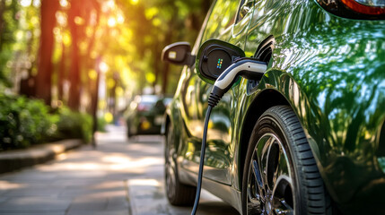 Wall Mural - A green electric car with a charging plug, representing eco-friendly transportation and charging stations.