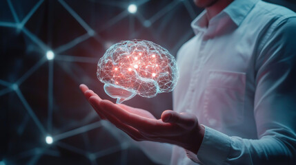 Wall Mural - A man in a white shirt holds a glowing brain image in his hand, set against a geometric background. This represents the idea of artificial intelligence and how machines learn.