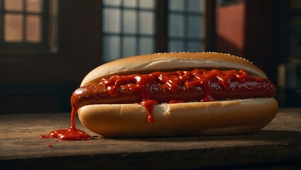 Poster - Ketchup drizzled artistically next to a hotdog.