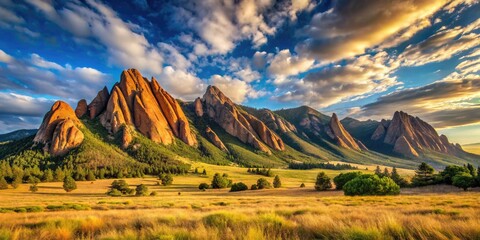 Wall Mural - Majestic Flatiron Mountains rise above the serene valley floor, their rugged, rust-hued peaks set against a brilliant blue sky with wispy, white clouds.