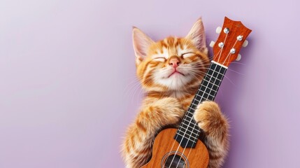 Wall Mural - Cute Ginger Cat Playing Ukulele on Purple Background