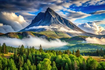 Canvas Print - Majestic Gaustatoppen Mountain rises into the sky, its rugged granite peak shrouded in mist, surrounded by lush green forests and serene Norwegian wilderness.