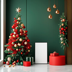 Wall Mural - a frame with christmas decorations on it and a green background
