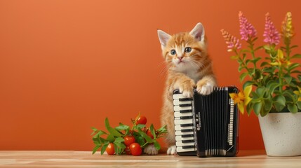 Wall Mural - Cute Ginger Kitten Playing Accordion with Flowers on Orange Background