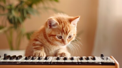 Wall Mural - Ginger Kitten Playing Keyboard Piano