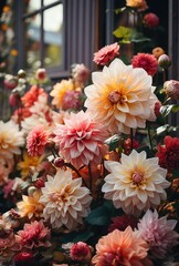 Wall Mural - A variety of blooming dahlias in shades of pink, orange, and cream fill the garden near a cozy window, basking in warm afternoon sunlight, creating a cheerful atmosphere