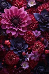 Wall Mural - A variety of luxurious flowers, including dahlias and roses, are beautifully arranged in rich red and purple hues, creating an eye-catching, artistic floral ambiance