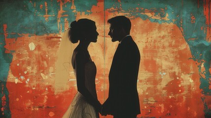 Couple holding hands in silhouette against a vibrant painted backdrop during an evening wedding celebration. Generative AI