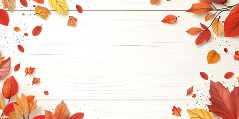 Autumn Leaves Scattered on Rustic White Wooden Background