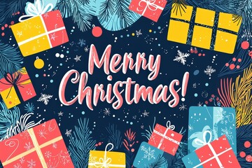 Wall Mural - Brightly wrapped presents in various colors surround a cheerful greeting, creating a vibrant and festive holiday ambiance perfect for Christmas celebrations