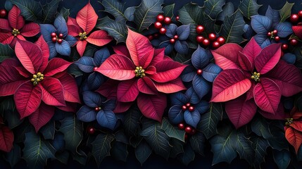 Poster - A beautiful arrangement showcases bright red poinsettias combined with dark green holly leaves and festive berries, creating a striking display ideal for the winter season