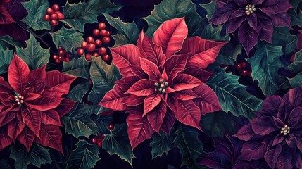 Poster - Several poinsettias with striking red and purple leaves are surrounded by green foliage and bright berries. The composition evokes a warm holiday spirit suitable for winter decorations