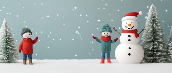 Pastel brightly colored Christmas banner with an adorable scene of children building a snowman