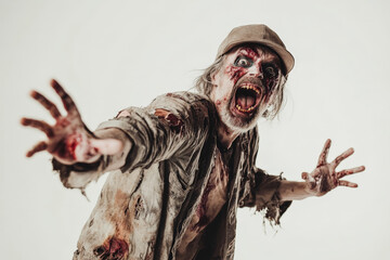 Senior Caucasian man in a zombie costume with a joyful, wild expression, standing on a white background.