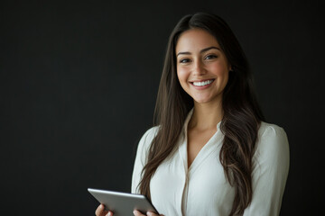 Young Hispanic businesswoman smiling warmly with a touchpad in hand, standing in a modern office, against a black background.