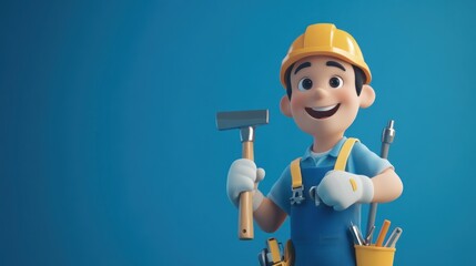 A cheerful cartoon worker holding tools, ready for maintenance tasks.