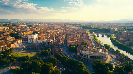 Ancient rome aerial view, scenery of buildings in summer. scenic panorama of historical city houses and sky. concept of roman empire, antique, travel, landscape, background. Roman Empire. Illustration