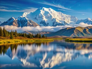 Wall Mural - Majestic snow-capped peak of North America's highest mountain rises above serene Alaskan wilderness, surrounded by misty valleys and reflective lakes under a clear blue sky.