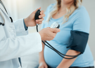 hospital, pregnant woman and doctor with checkup for blood pressure, monitor heart rate and appointm