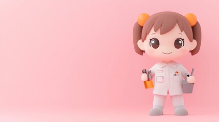 Wall Mural - A cute cartoon girl in a lab coat holding art supplies against a pink background.