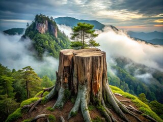 Wall Mural - Majestic tree stump stands atop a misty mountain peak, surrounded by dense forest foliage and rugged rocks, evoking a sense of ancient, weathered grandeur.