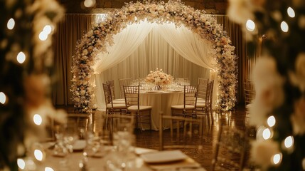 Wall Mural - Romantic wedding decorations with a floral archway, elegant table settings, and soft lighting for a dreamy ceremony