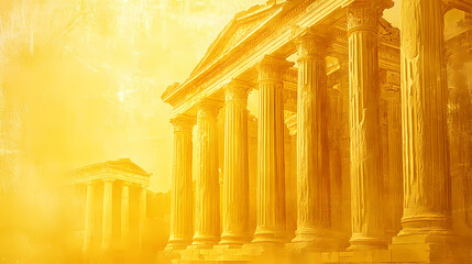 Wall Mural - A golden yellow ancient greece and roman empire texture wallpaper background with a lot of empty blank copyspace. pillars and old buildings. Roman Empire. Illustration