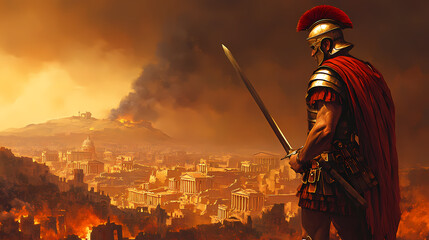 Wall Mural - A roman soldier with sword in his hand watching the roman empire fall, generative ai. Roman Empire. Illustration