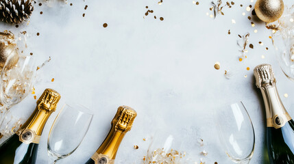 Wall Mural -  Christmas New Year background  with champagne bottles, glasses and confetti, copy space for text