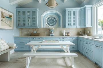 Beach themed kitchen with light blue cabinets and sandy tiles, including a relaxed dining area with a white picnic table and coastal inspired decorations.