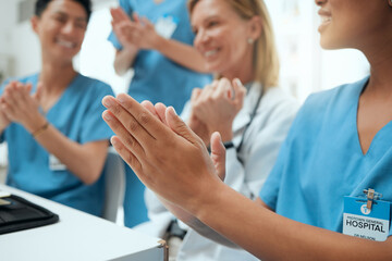 Wall Mural - People, doctor and excited with medical students with applause for congratulation and success. Healthcare, mentor and clapping hands or happy in hospital on internship with teamwork or collaboration