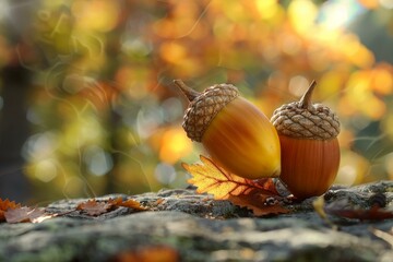 Two acorns lying on a rock with fallen leaves, bathed in the warm light of a sunny autumn day