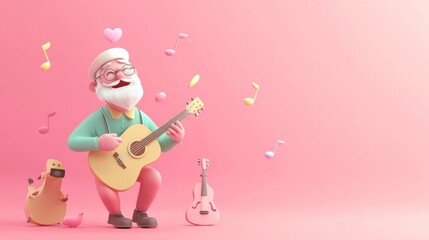 A cheerful elderly man playing guitar with musical notes around him in a playful setting.