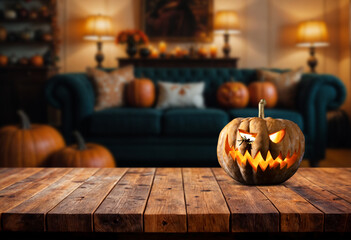 Empty wooden table and blurred with Halloween background. Halloween night. Pumpkin face. Mockup. Copy Space.