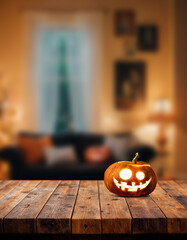 Wall Mural - Empty wooden table and blurred with Halloween background. Halloween night. Pumpkin face. Mockup. Copy Space.