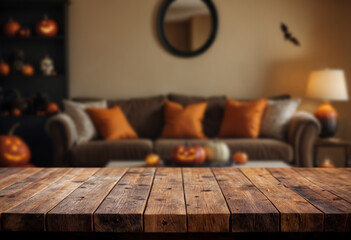 Wall Mural - Empty wooden table and blurred with Halloween background. Halloween night. Pumpkin face. Mockup. Copy Space.