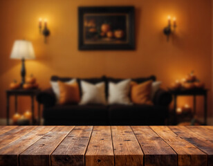 Wall Mural - Empty wooden table and blurred with Halloween background. Halloween night. Pumpkin face. Mockup. Copy Space.