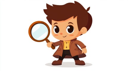 Hand drawn detective holding magnifying glass isolated on white.