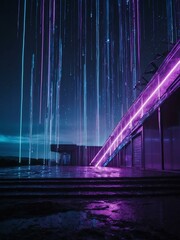 Neon rain streaks in a cosmic sky of purple and blue, creating a dreamlike vibe. Stage for product.