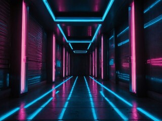 Wall Mural - Neon-lit corridor with pink and blue beams, perfect for futuristic themes. Stage for product.