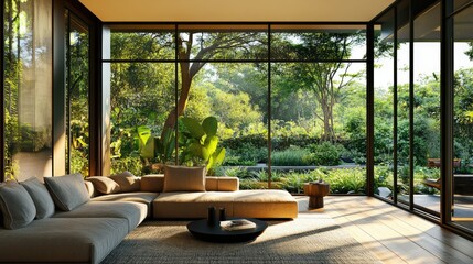 Sun-drenched modern living room with a plush sofa and expansive windows overlooking a lush green garden, creating a relaxing vibe.