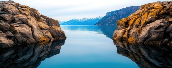 Reflections of jagged cliffs in the mirrorlike surface of a calm fjord, creating a perfect symmetrical landscape