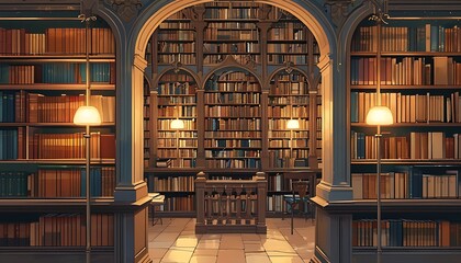 Wall Mural - Library interior with books and bookshelves, a serene scene.