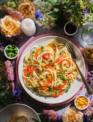 Nice Italian dinner. Sunset light. Fresh pasta with green peas,