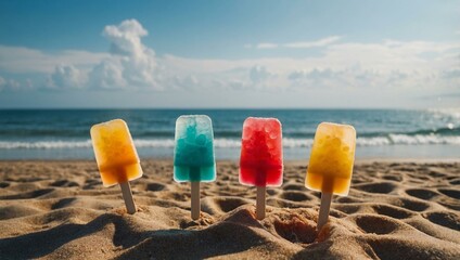 Popsicles on the beach with an ocean view, perfect for summer treats.