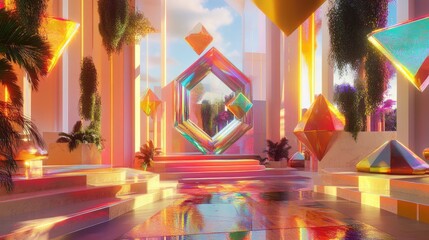 Surreal lobby with a kaleidoscopic portal, leading to an alternate universe of vibrant colors and floating geometric objects.